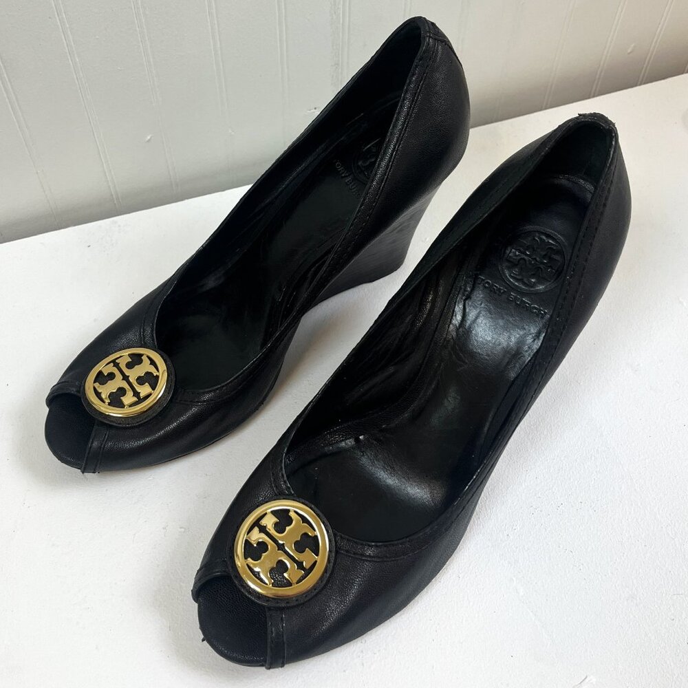 Tory Burch Black Leather Sophie Wedge Pumps 11